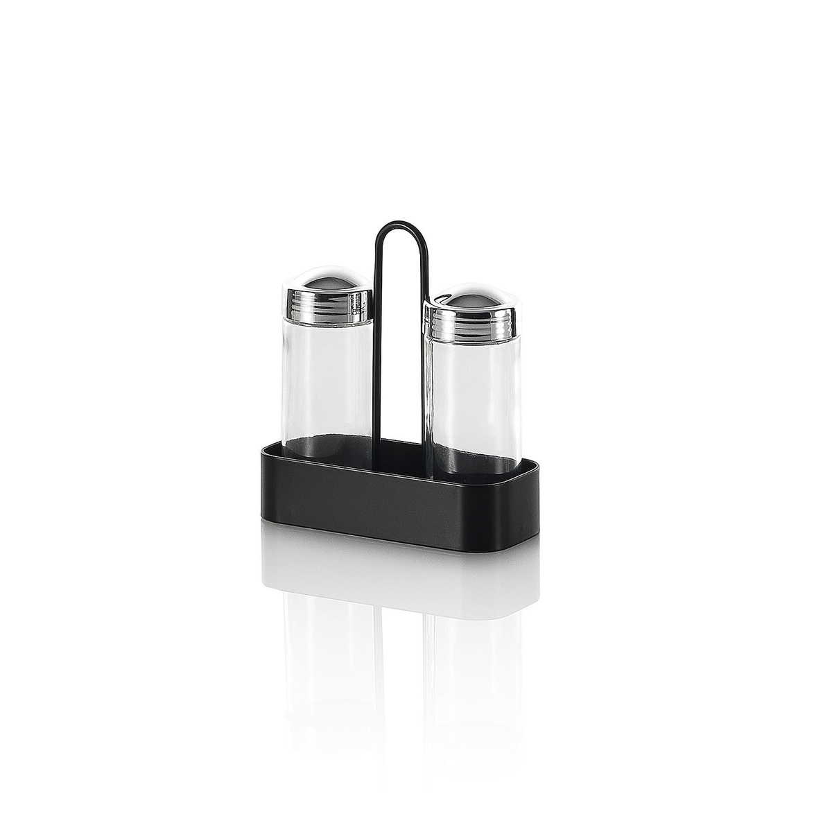 Set Salz und schwarzer Pfeffer mit Glasbehältern und Metallhalterung Aktion Set Salz und schwarzer Pfeffer mit Glasbehältern und Metallhalterung Aktion