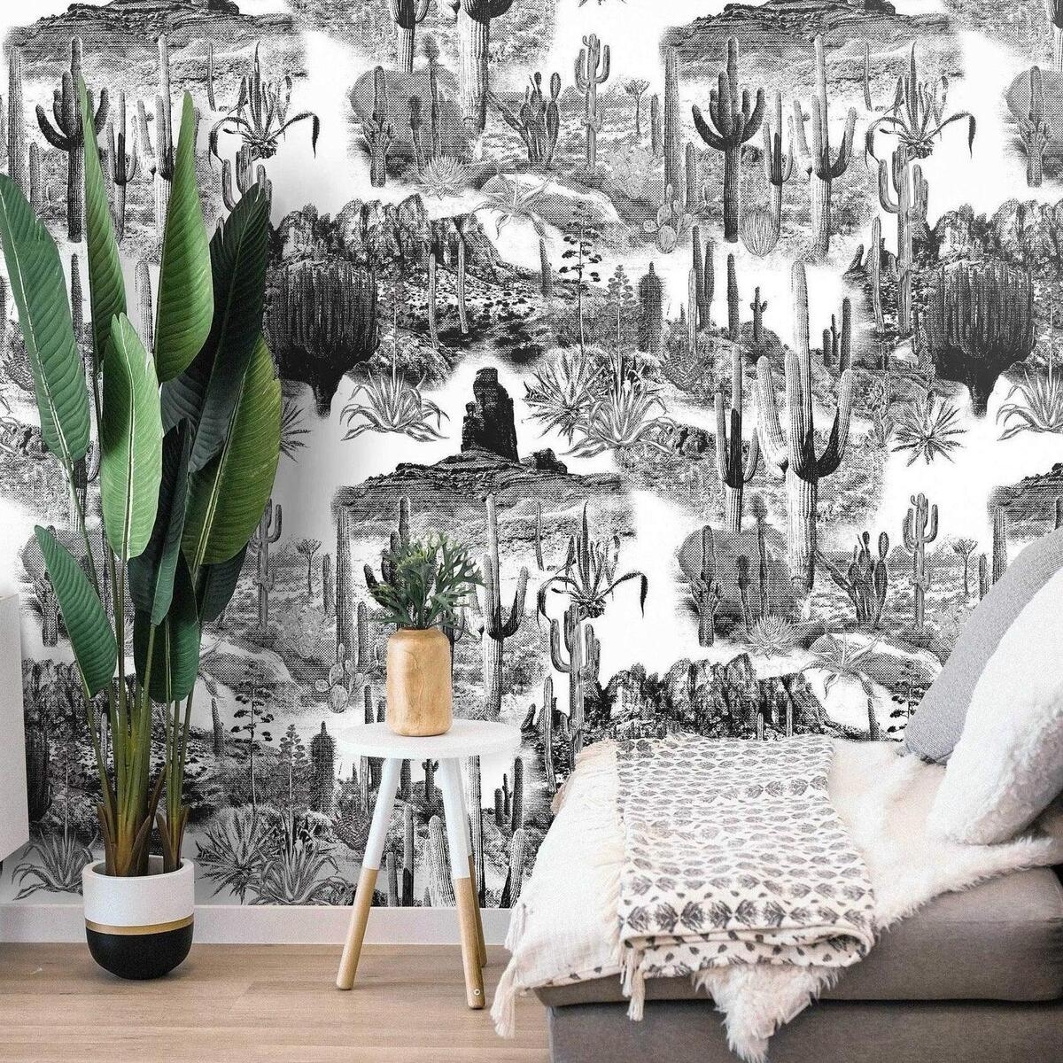 Moderne selbstklebende Tapete in Weiß und Schwarz für Wohnzimmer Cactus Aktion