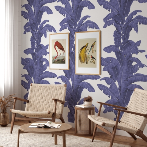 Blumentapete für Schlafzimmer und Wohnzimmer - Florales Design mit Palmen in Weiß und Blau Aktion