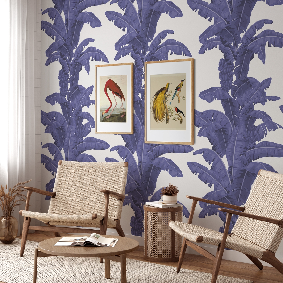Blumentapete für Schlafzimmer und Wohnzimmer - Florales Design mit Palmen in Weiß und Blau Aktion Blumentapete für Schlafzimmer und Wohnzimmer - Florales Design mit Palmen in Weiß und Blau Aktion