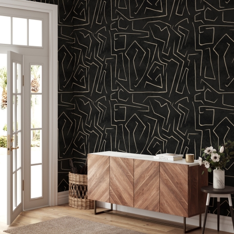 Moderne Künstlerische Tapete mit geometrischem Design in Schwarz-Gold Graffiti Aktion