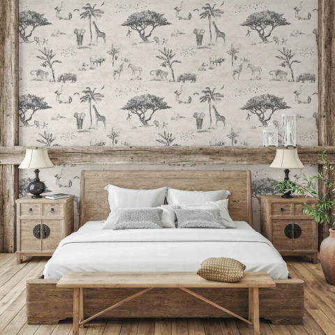 Vintage Tapete Safari Dschungeltiere Beige für Kopfteil Bett Aktion