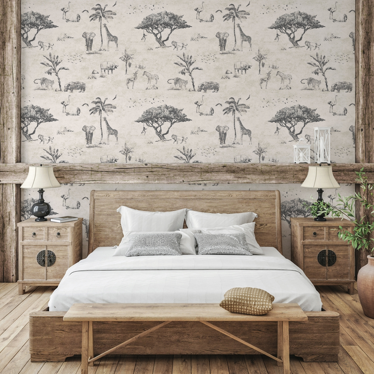 Vintage Tapete Safari Dschungeltiere Beige für Kopfteil Bett Aktion Vintage Tapete Safari Dschungeltiere Beige für Kopfteil Bett Aktion