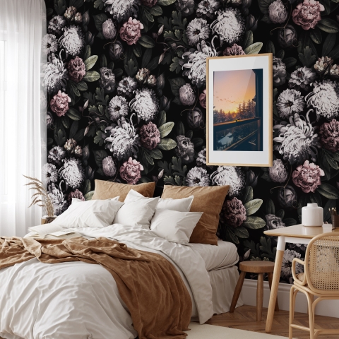Florale Tapete für Schlafzimmer im Shabby-Chic, Dunkles Blumenmuster Aktion