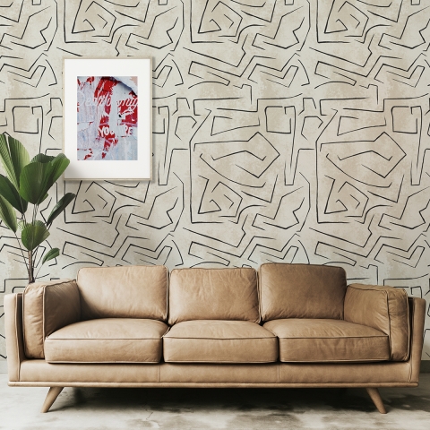 Moderne weiße Tapete mit künstlerischem Design und schwarzen Graffiti-Streifen Aktion
