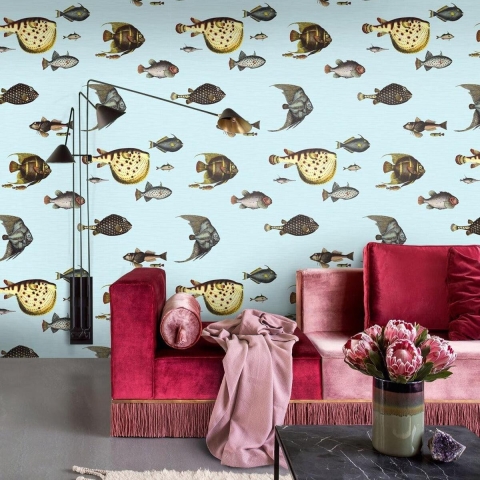 Blaue Meeres-Tapete für Wohnzimmer und Flur mit Tropischen Fischen Aktion