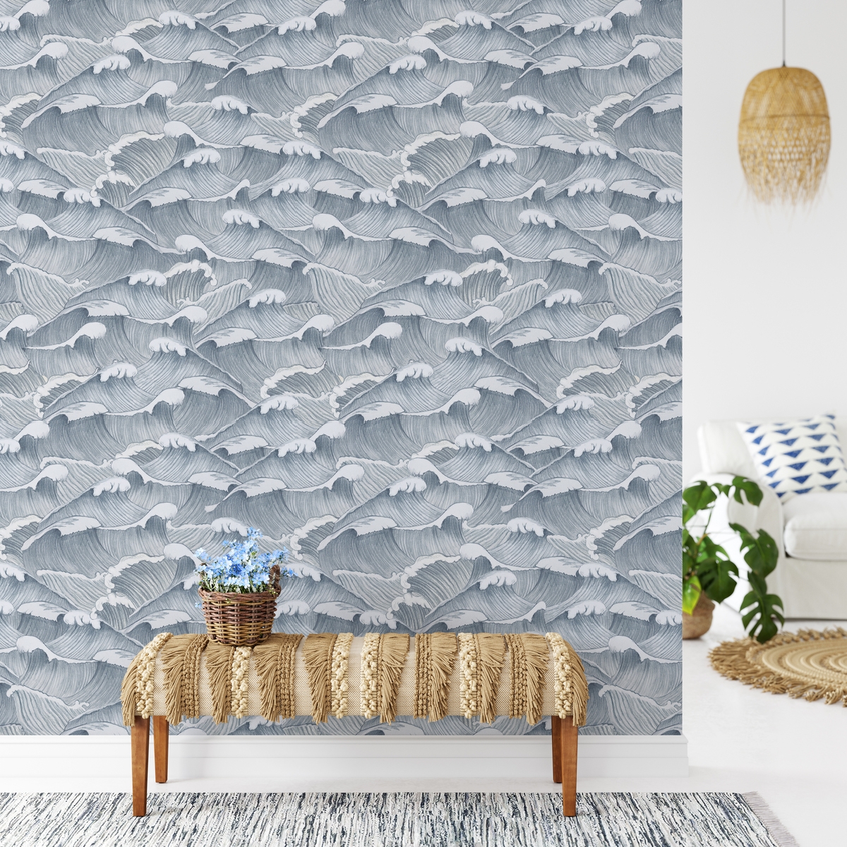 Vintage selbstklebende Tapete mit künstlerischen weißen und blauen Meereswellen Aktion Vintage selbstklebende Tapete mit künstlerischen weißen und blauen Meereswellen Aktion