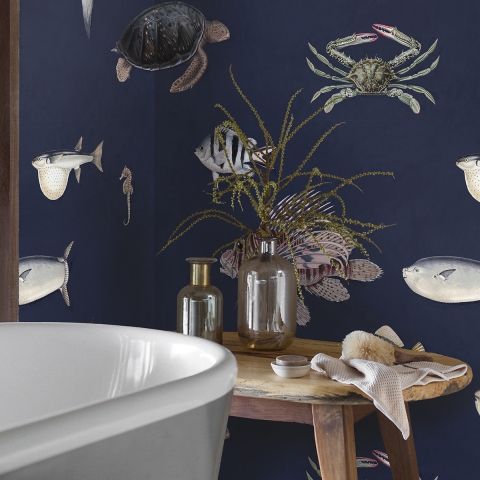 Moderne realistische Tapete mit maritimem Design Blaue Tropische Fische Aktion