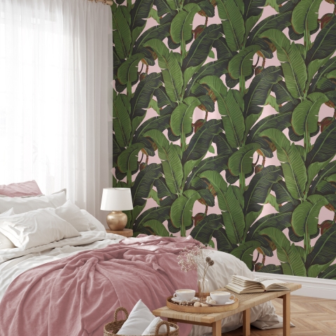 Florale Dschungel-Tapete für Wohnzimmer Rosa Bananenblätter Aktion