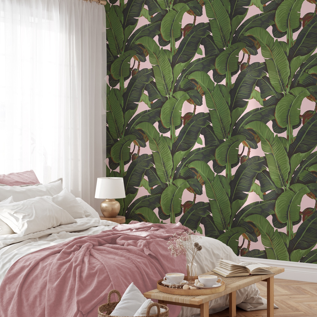 Florale Dschungel-Tapete für Wohnzimmer Rosa Bananenblätter Aktion Florale Dschungel-Tapete für Wohnzimmer Rosa Bananenblätter Aktion