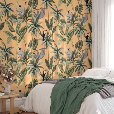 Jungle Tapete Orange mit Blättern und Tieren Jungla Tropicale Aktion