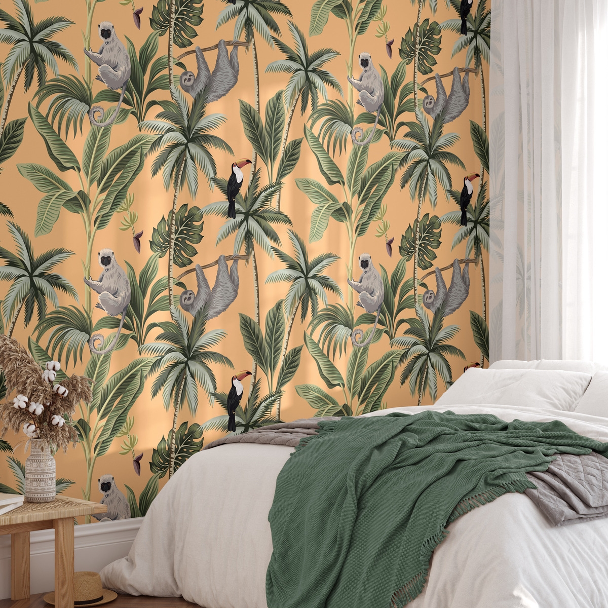 Jungle Tapete Orange mit Blättern und Tieren Jungla Tropicale Aktion Jungle Tapete Orange mit Blättern und Tieren Jungla Tropicale Aktion