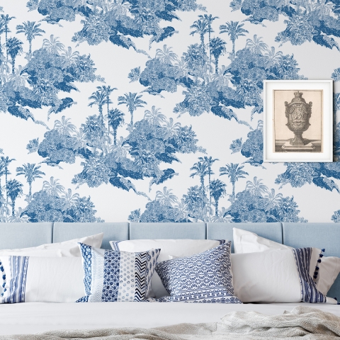 Vintage Tapete mit Waldmotiv in Weiß und Blau Toile de Jouy Blu Aktion