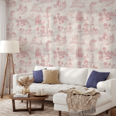 Vintage-Tapete mit rosa Landschaftsmotiven für Wohnzimmer Toile de Jouy Rosa Aktion