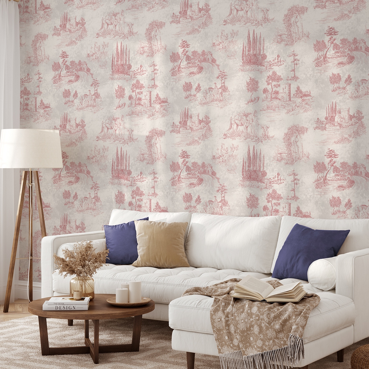 Vintage-Tapete mit rosa Landschaftsmotiven für Wohnzimmer Toile de Jouy Rosa Aktion Vintage-Tapete mit rosa Landschaftsmotiven für Wohnzimmer Toile de Jouy Rosa Aktion