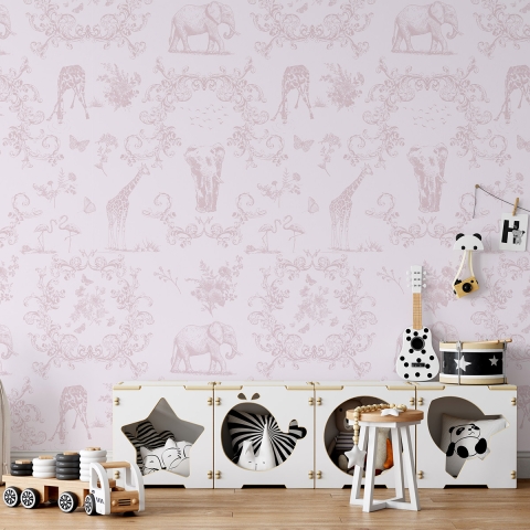 Florale Tapete mit Tieren für Kinderzimmer Rosa Vittoriana Aktion