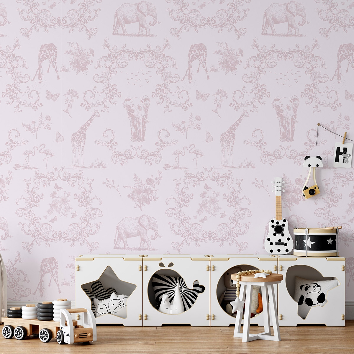 Florale Tapete mit Tieren für Kinderzimmer Rosa Vittoriana Aktion