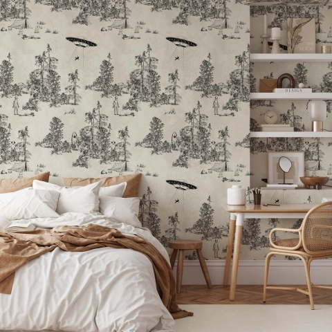 Tapete Vintage-Wald Schwarz-Weiß Toile de Jouy Ufo Nero Aktion