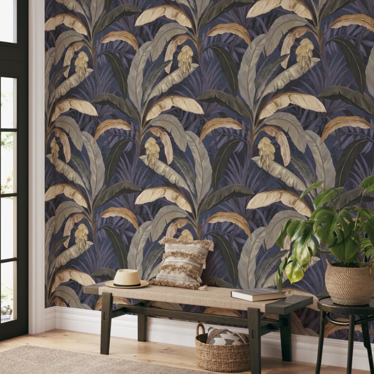 Botanische Tapete mit Pflanzen - Dschungel-Natur in Blau Hintergrund Aktion Botanische Tapete mit Pflanzen - Dschungel-Natur in Blau Hintergrund Aktion