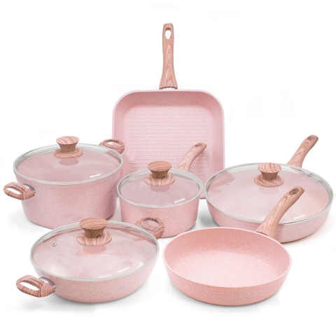 10-teiliges Induktions-Kochtopfset Granit-Effekt in Rosa Stonerose Aktion
