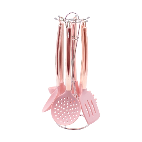 Set 6 Küchenutensilien aus rosa Metall und Silikon Bisetti Stonerose Aktion