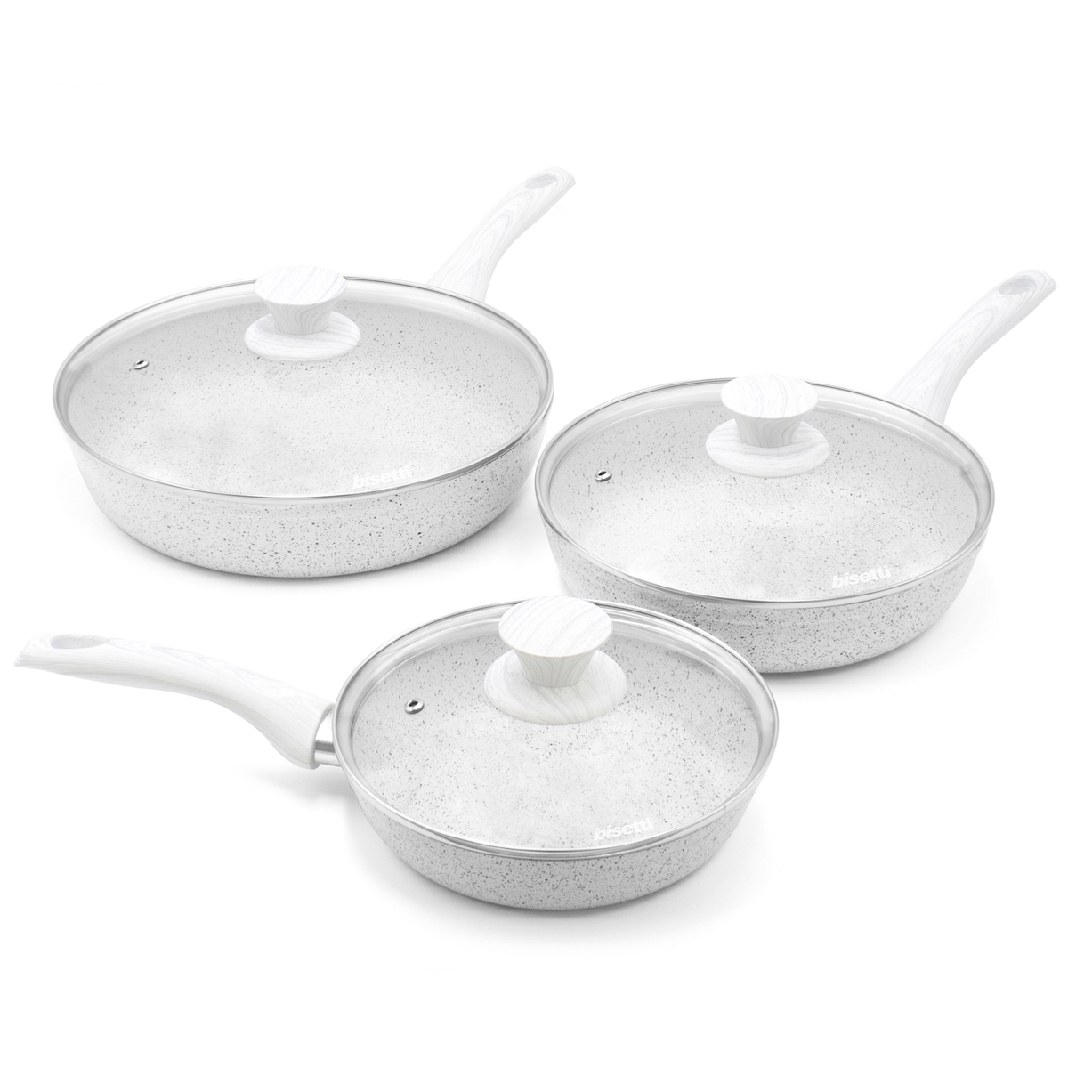 Set aus 3 antihaftbeschichteten Aluminiumpfannen mit Deckeln Bisetti Stonewhite Aktion Set aus 3 antihaftbeschichteten Aluminiumpfannen mit Deckeln Bisetti Stonewhite Aktion