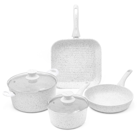 6-tlg. Pfannenset mit Grillpfanne aus antihaftbeschichtetem Aluminium, Stonewhite Aktion