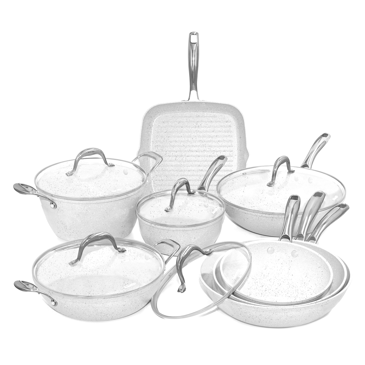 13-teiliges Kochgeschirr-Set mit antihaftbeschichteten Pfannen und Grillpfanne Stonewhite Aktion 13-teiliges Kochgeschirr-Set mit antihaftbeschichteten Pfannen und Grillpfanne Stonewhite Aktion