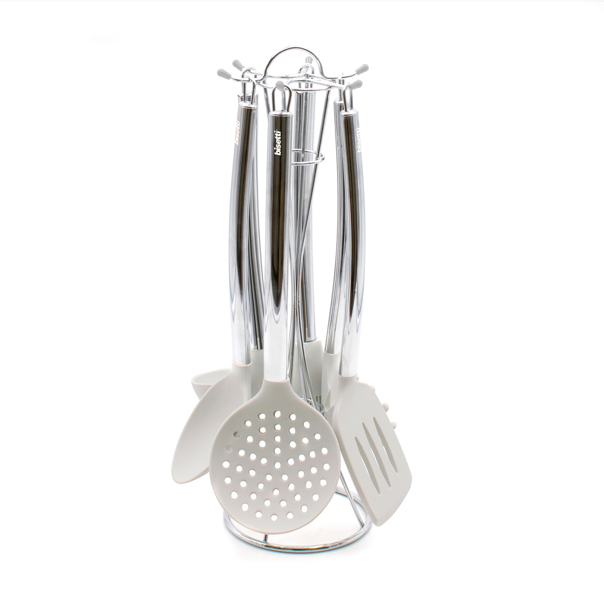 Set aus 6 Küchenutensilien aus Silikon mit Metallhalterung Stonewhite Aktion Set aus 6 Küchenutensilien aus Silikon mit Metallhalterung Stonewhite Aktion