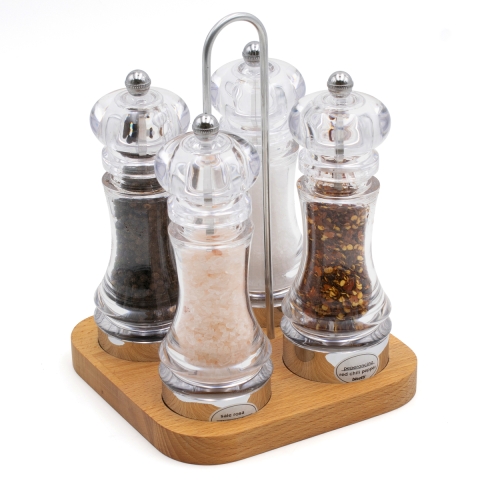 Set Pfeffer- und Salzmühle Kräuter 4 Teile mit Buchenholzsockel Bisetti Aktion