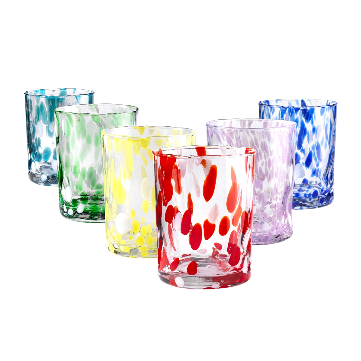 Set mit 6 bunten Glas-Trinkgläsern 10cm Carnaval Aktion Set mit 6 bunten Glas-Trinkgläsern 10cm Carnaval Aktion