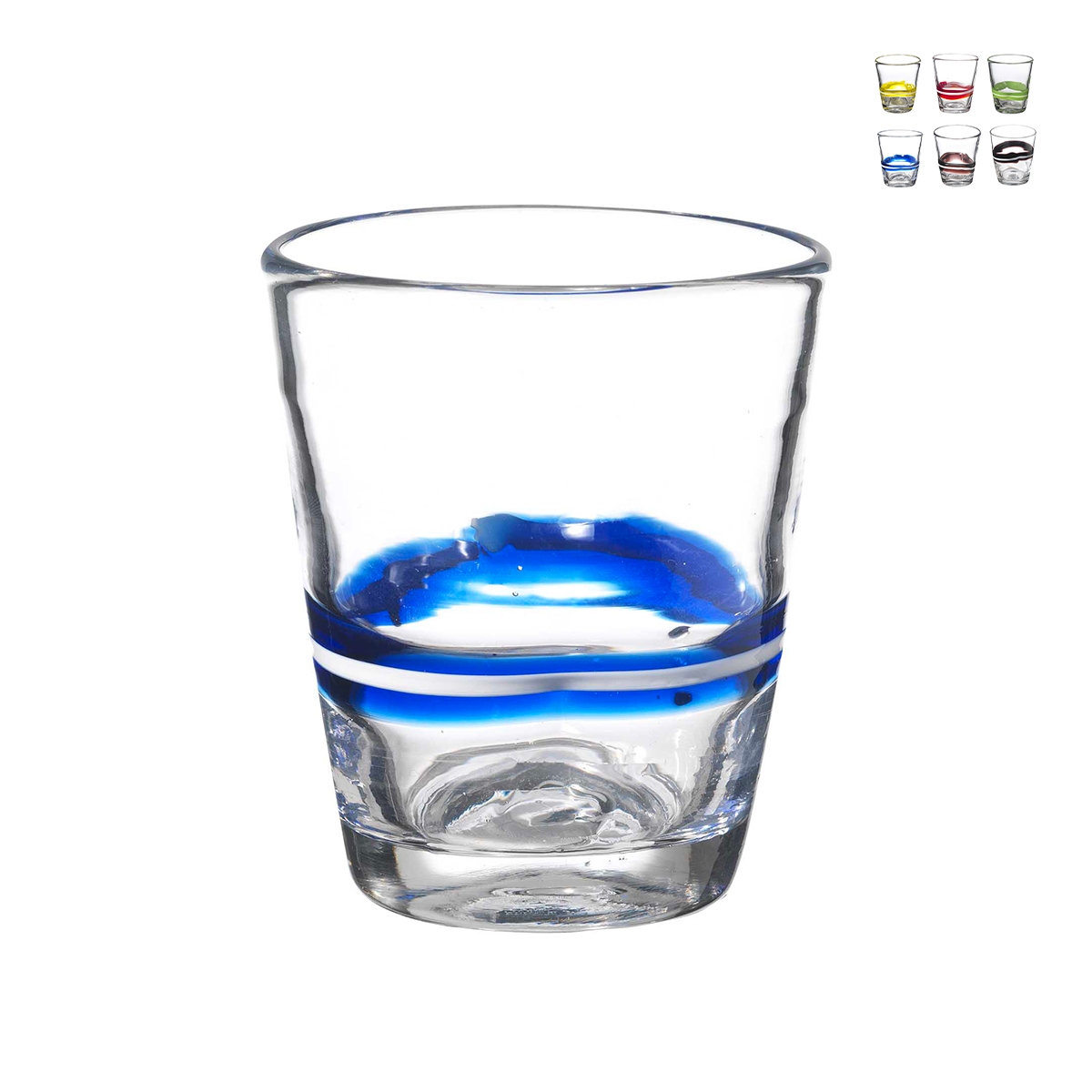 Set mit 6 Wassergläsern aus Glas, farbig gestreift, 10cm Eolo Aktion Set mit 6 Wassergläsern aus Glas, farbig gestreift, 10cm Eolo Aktion