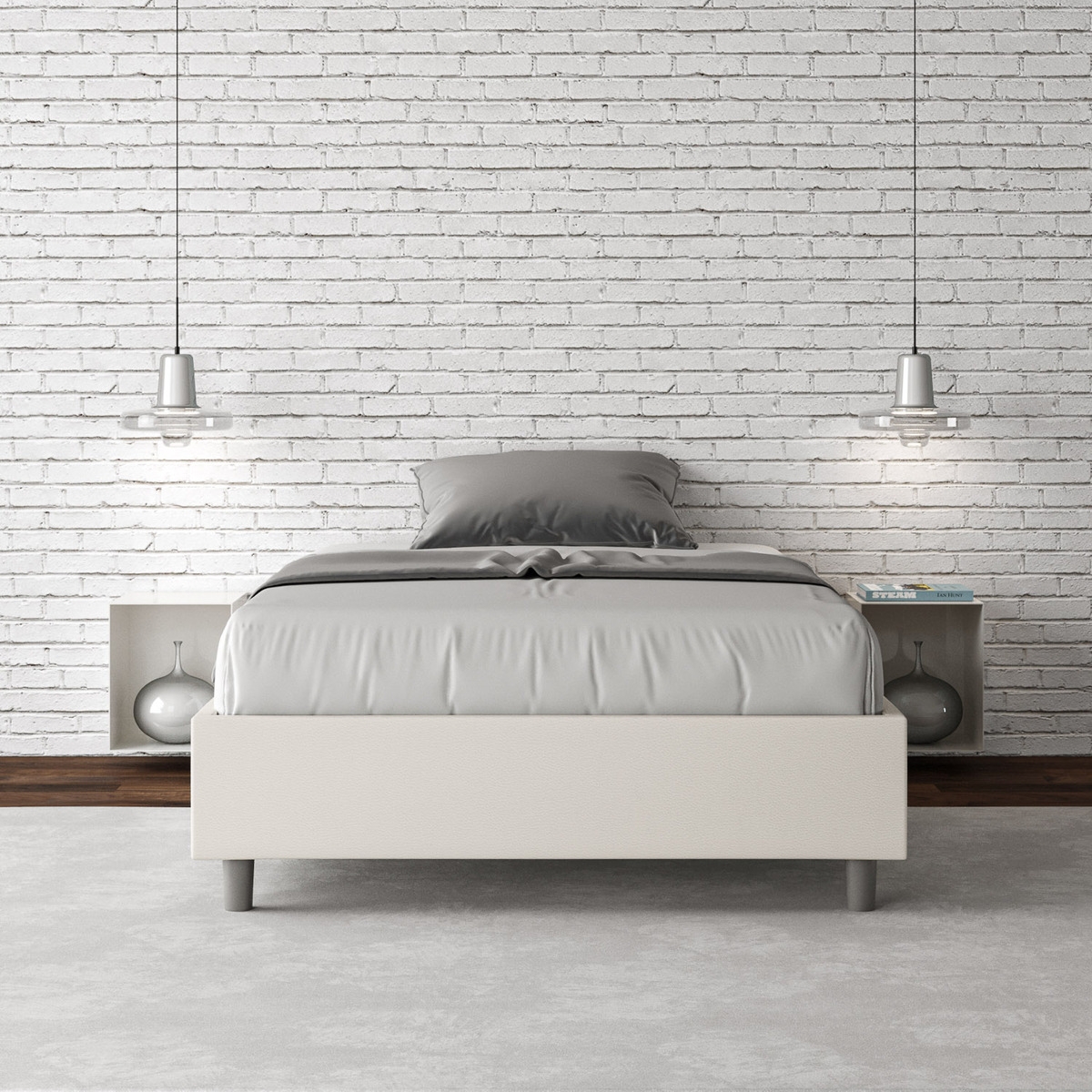 Französisches Doppelbett mit Bettkasten 140x190 in weißem Kunstleder Azelia