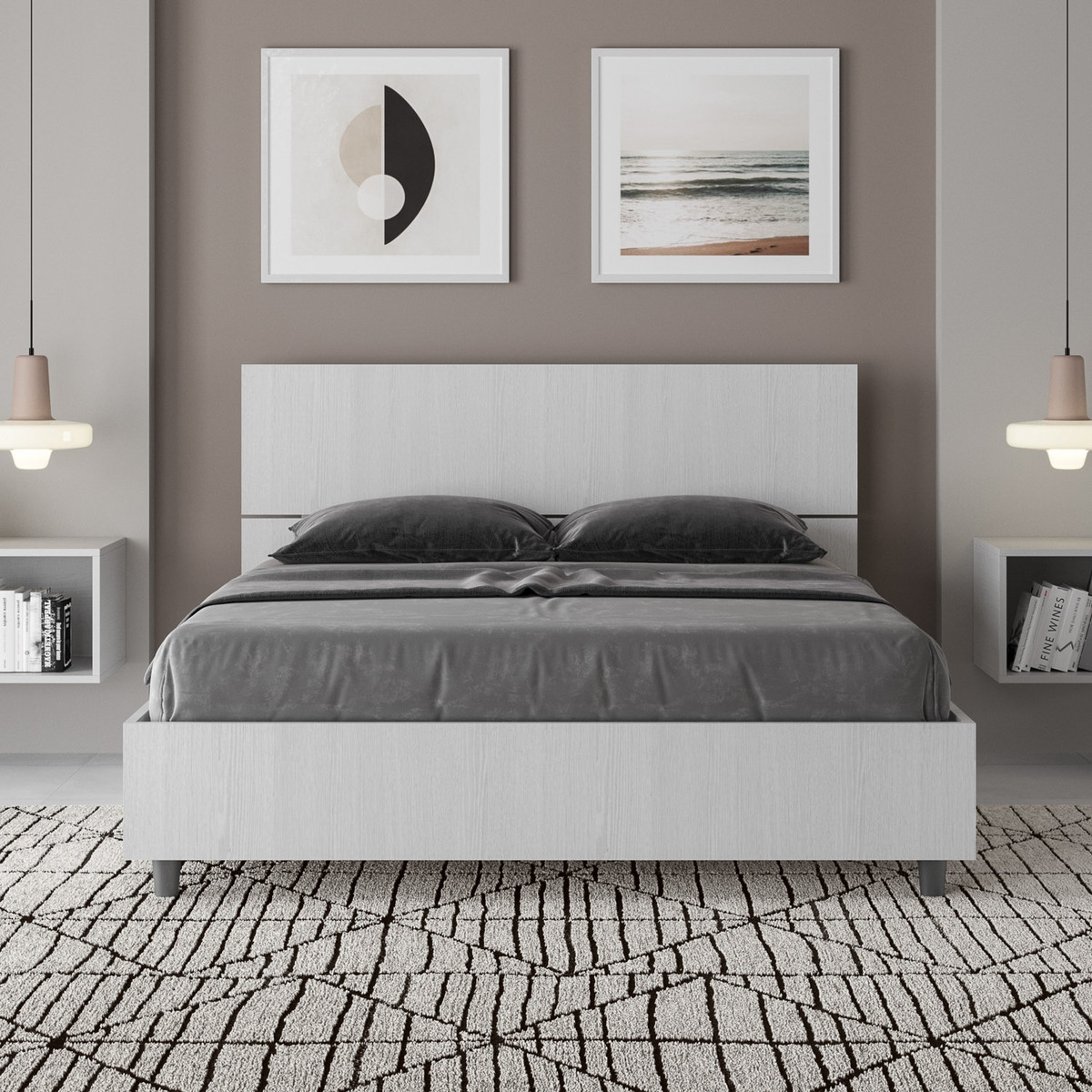 Französisches Doppelbett 140x190 mit gerader Holz-Kopfteil in Weiß Demas