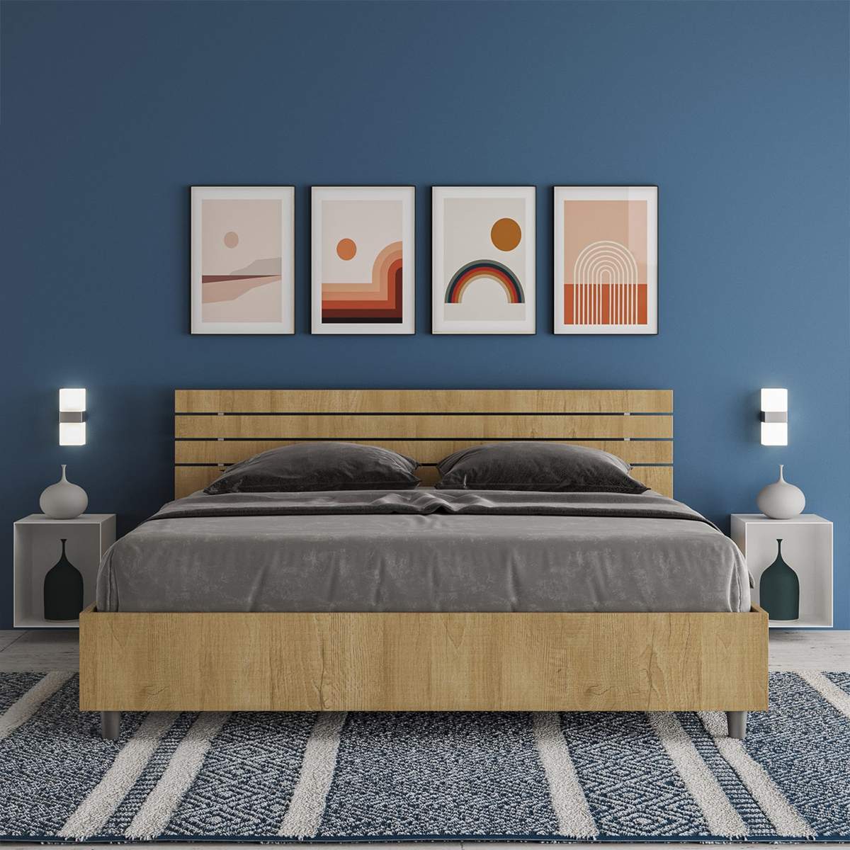 Doppelbett 160x190 aus Holz ohne Lattenrost, mit geneigtem Kopfteil Ankel