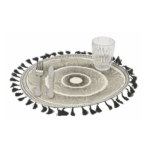 Set aus 6 dekorativen Tischsets mit geometrischem Design, 38 cm, Schwarz mit Fransen Aktion