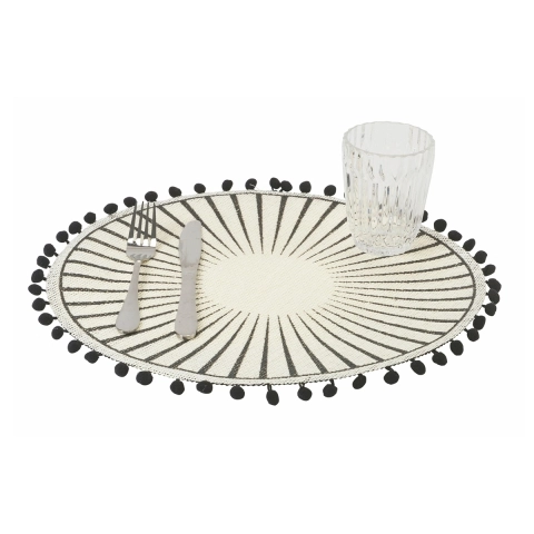 Set aus 6 runden Tischsets mit geometrischem Design und Pompons, 38 cm, Schwarz Aktion