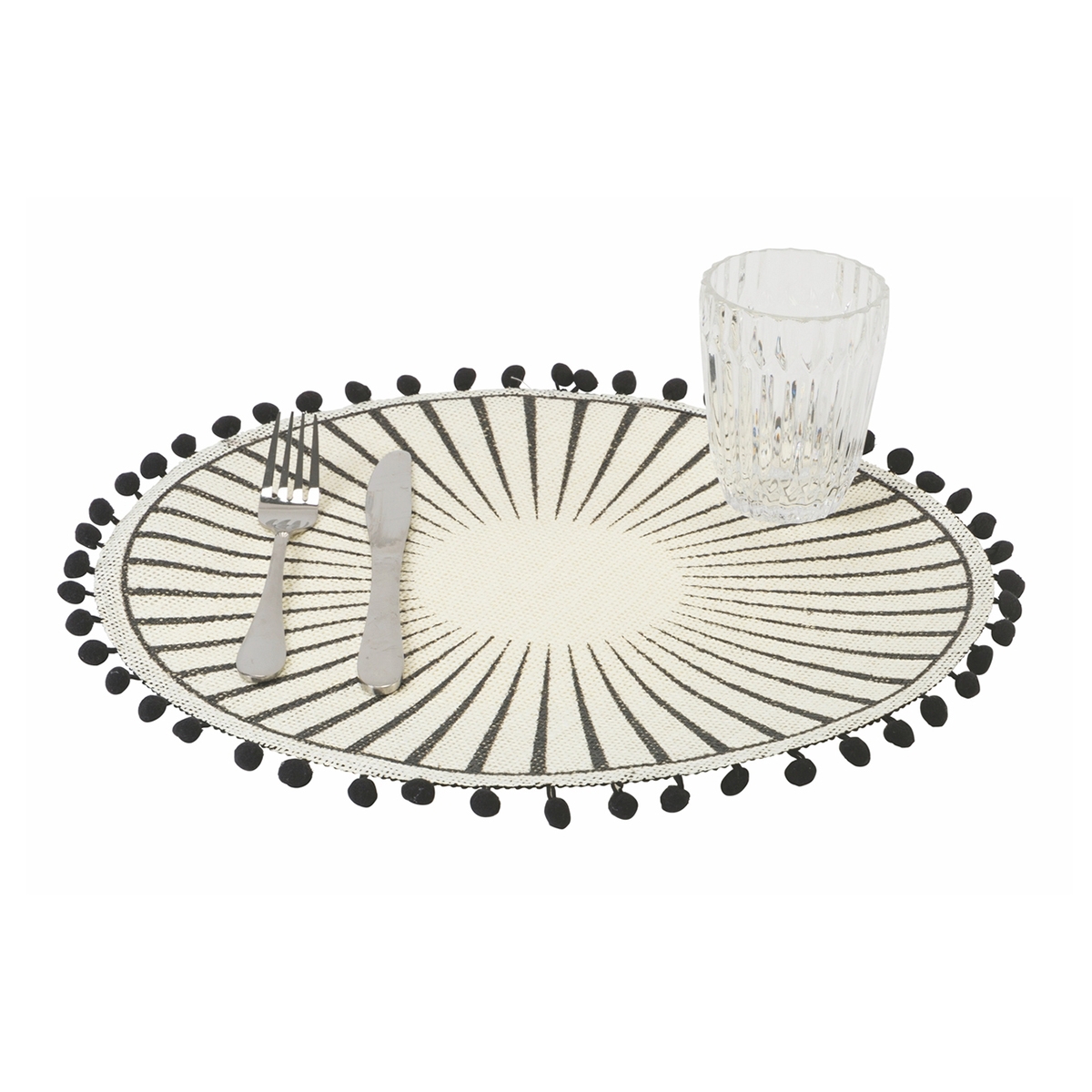 Set aus 6 runden Tischsets mit geometrischem Design und Pompons, 38 cm, Schwarz Aktion Set aus 6 runden Tischsets mit geometrischem Design und Pompons, 38 cm, Schwarz Aktion