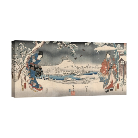 Leinwanddruck Schneelandschaft mit einer Frau und einem Mann Ando Hiroshige Aktion