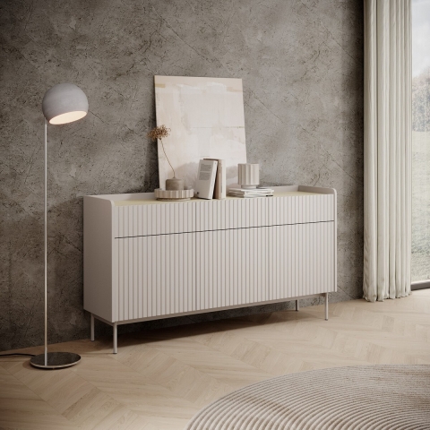 Moderne Design-Sideboard Madia für Wohnzimmer, Beige, 3 Schubladen, 3 Türen Bitter Aktion