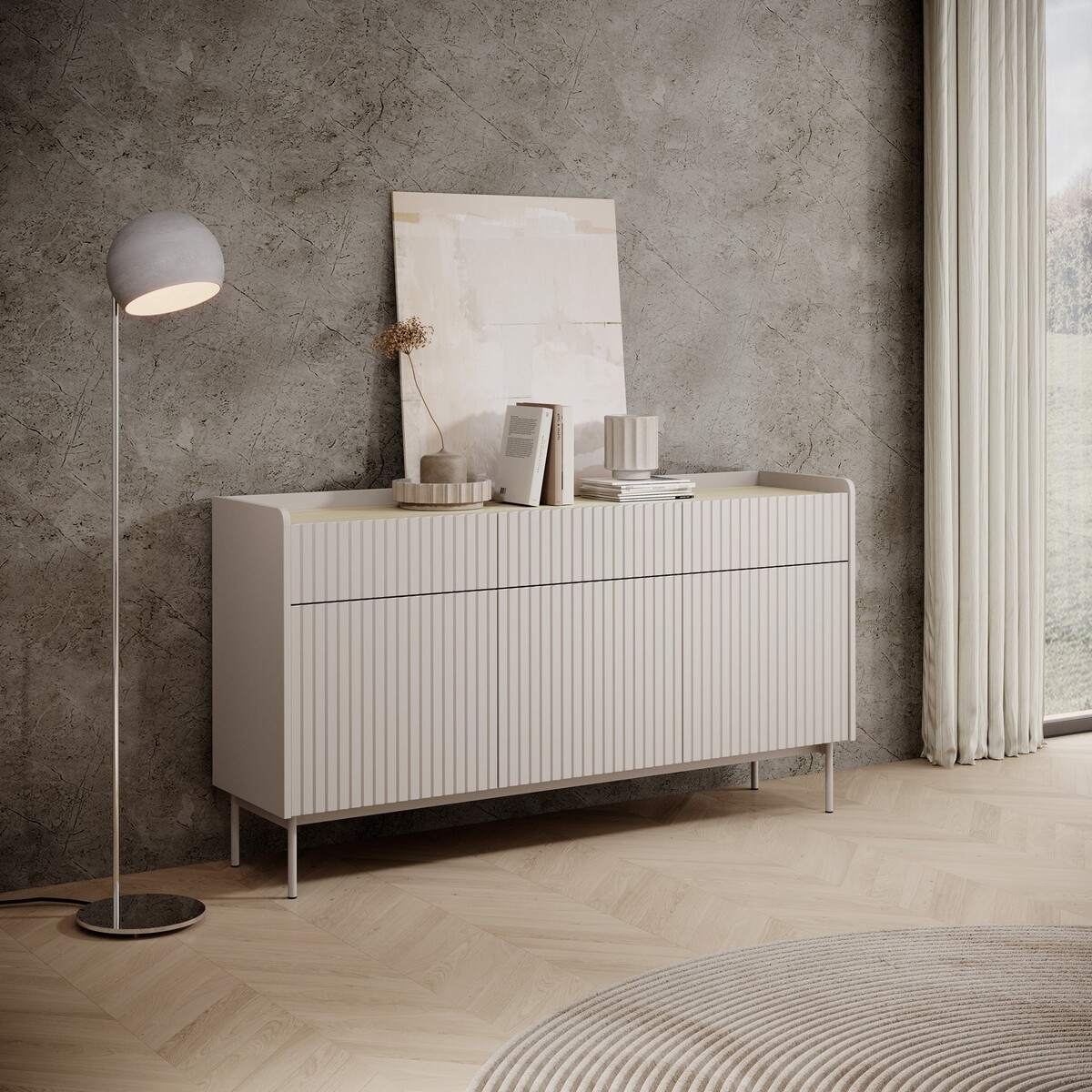 Moderne Design-Sideboard Madia für Wohnzimmer, Beige, 3 Schubladen, 3 Türen Bitter Aktion Moderne Design-Sideboard Madia für Wohnzimmer, Beige, 3 Schubladen, 3 Türen Bitter Aktion