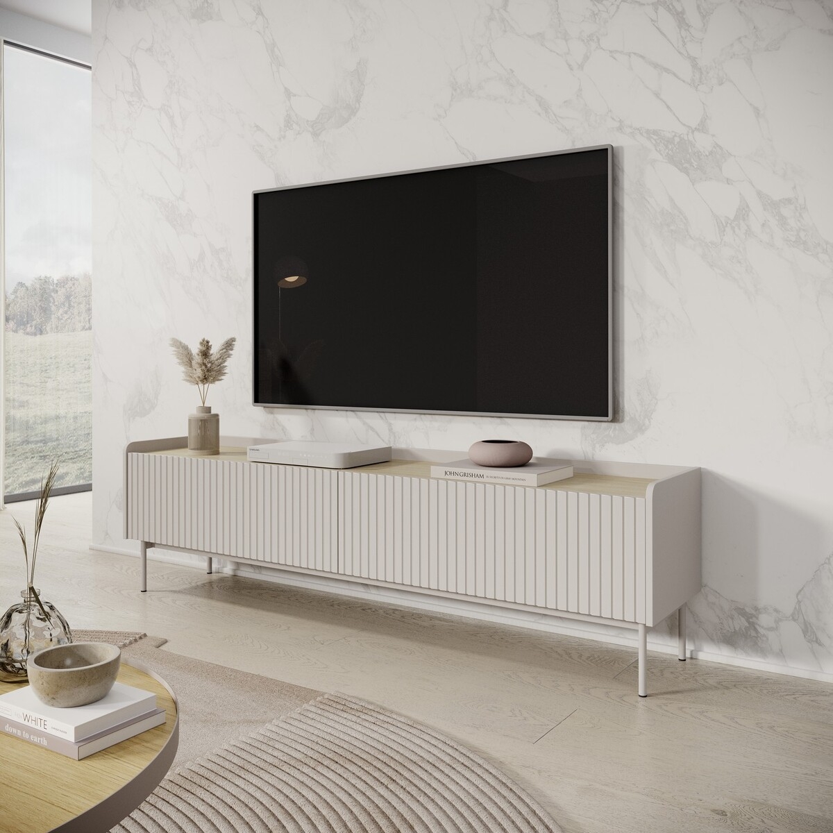 Moderner Lowboard TV-Schrank, 2 Klapptüren, beige, 153x50x38, Bitter Aktion