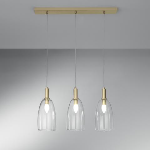 Goldene Pendelleuchte mit drei Lichtern und Glasschirm Brandy 3LS Aktion