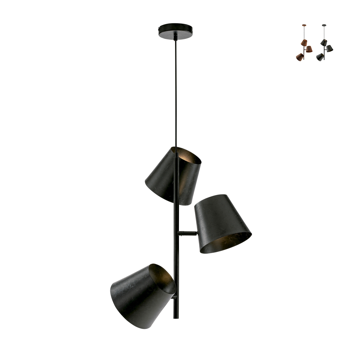 Hängelampe im Vintage-Stil mit drei Metallleuchten Colt LS3 Aktion Hängelampe im Vintage-Stil mit drei Metallleuchten Colt LS3 Aktion