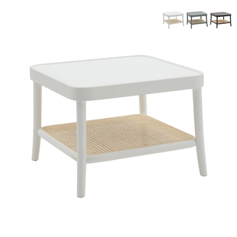 Quadratischer Couchtisch aus lackiertem Holz mit Wiener Geflecht Ablage Thomas Aktion