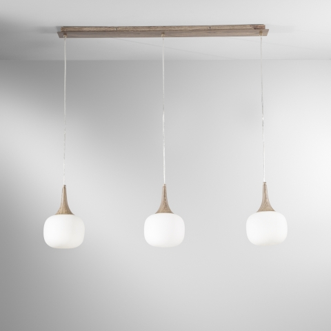 Jaipur Pendelleuchte mit Holzoptik, 3 Flammen, weißes Opalglas Aktion