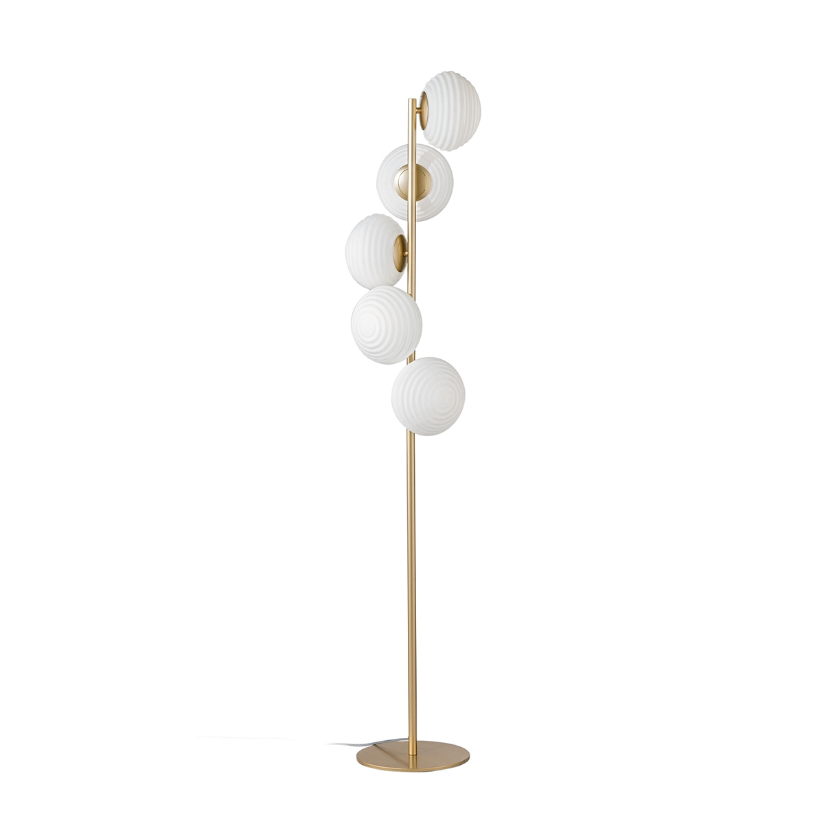 Stehlampe aus goldfarbenem Metall mit 5 weißen mundgeblasenen Glaslichtern Ripple