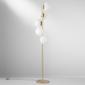 Stehlampe aus goldfarbenem Metall mit 5 weißen mundgeblasenen Glaslichtern Ripple Verkauf