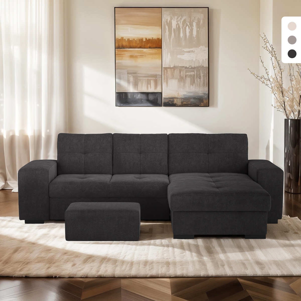 Moderner 3-Sitzer-Ecksofa mit rechter Ottomane und Hocker Vilo Aktion