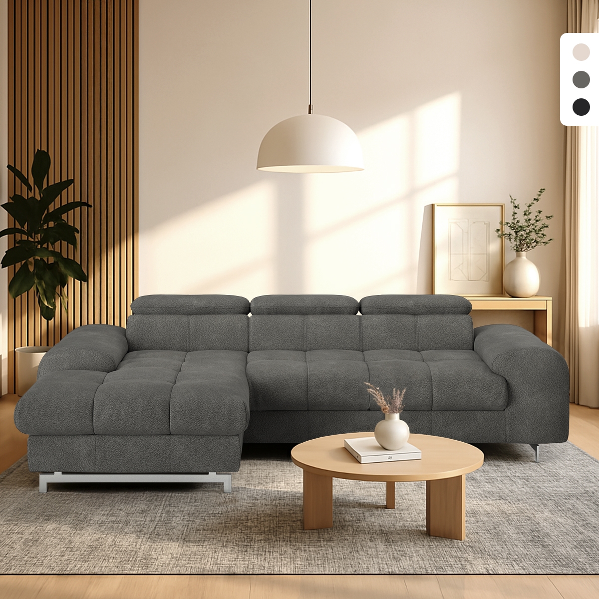 3-Sitzer Schlafsofa mit linker Ottomane, verstellbarem Kopfteil und Stauraum Nura